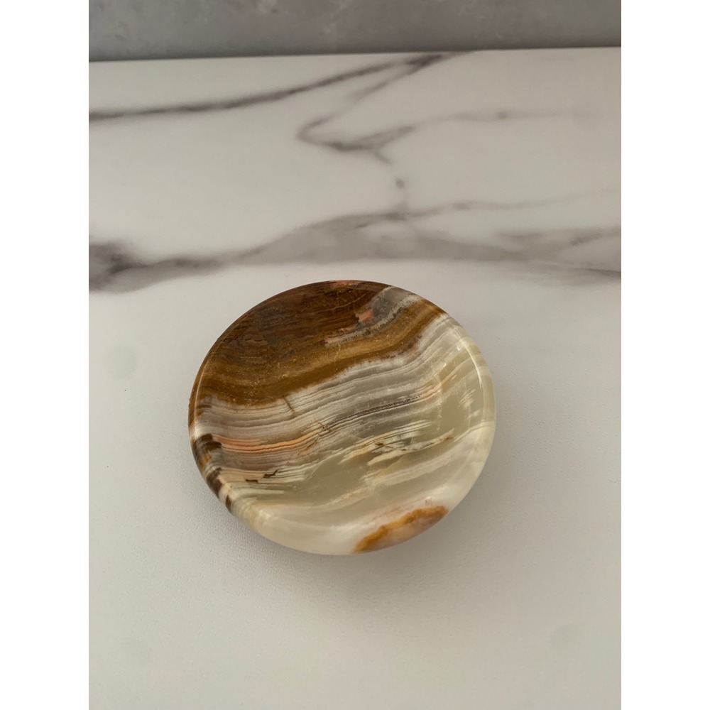 Vintage Polished Banded Onyx Agate Round Trinket Dish Brown Cream Marbled Stone